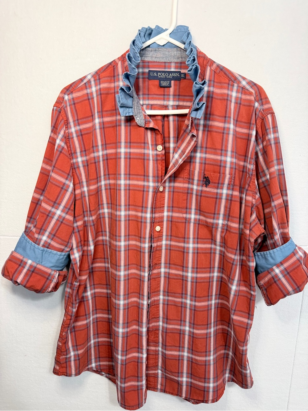 Ruffle collar Upcycled U.S. Polo Assn. Rust/slate/white plaid Shirt